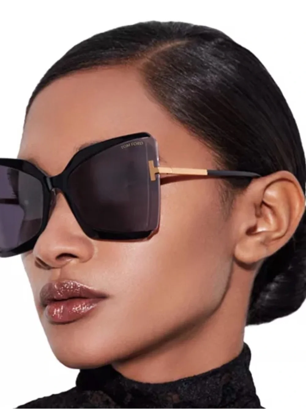 Tom Ford Gia ButterflyGlossy Black Women's Square Sunglasses with Gold T Accents